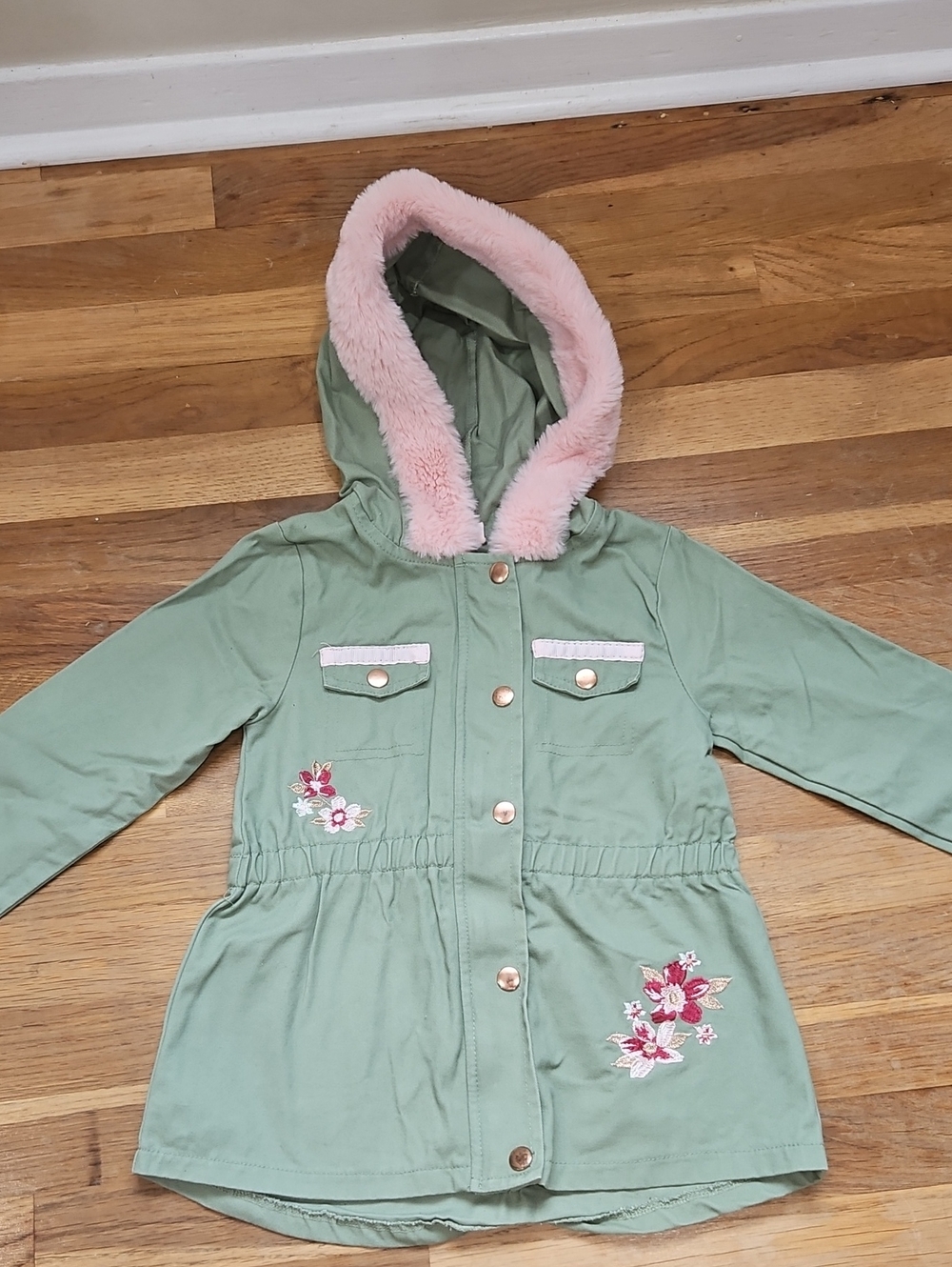 Little Lass Sage Green Hooded Coat with Pink Faux-Fur Trim